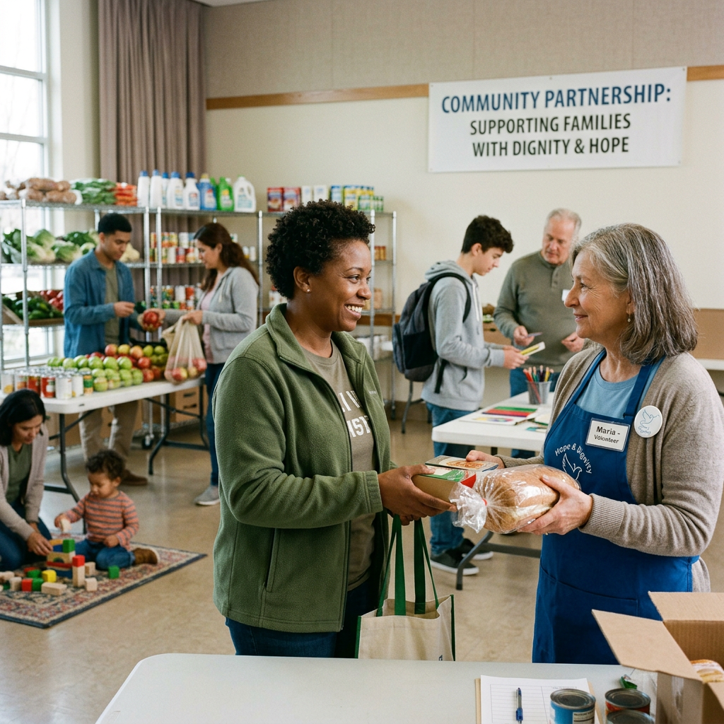 Volunteer handing bread and groceries to a woman at a community food pantry