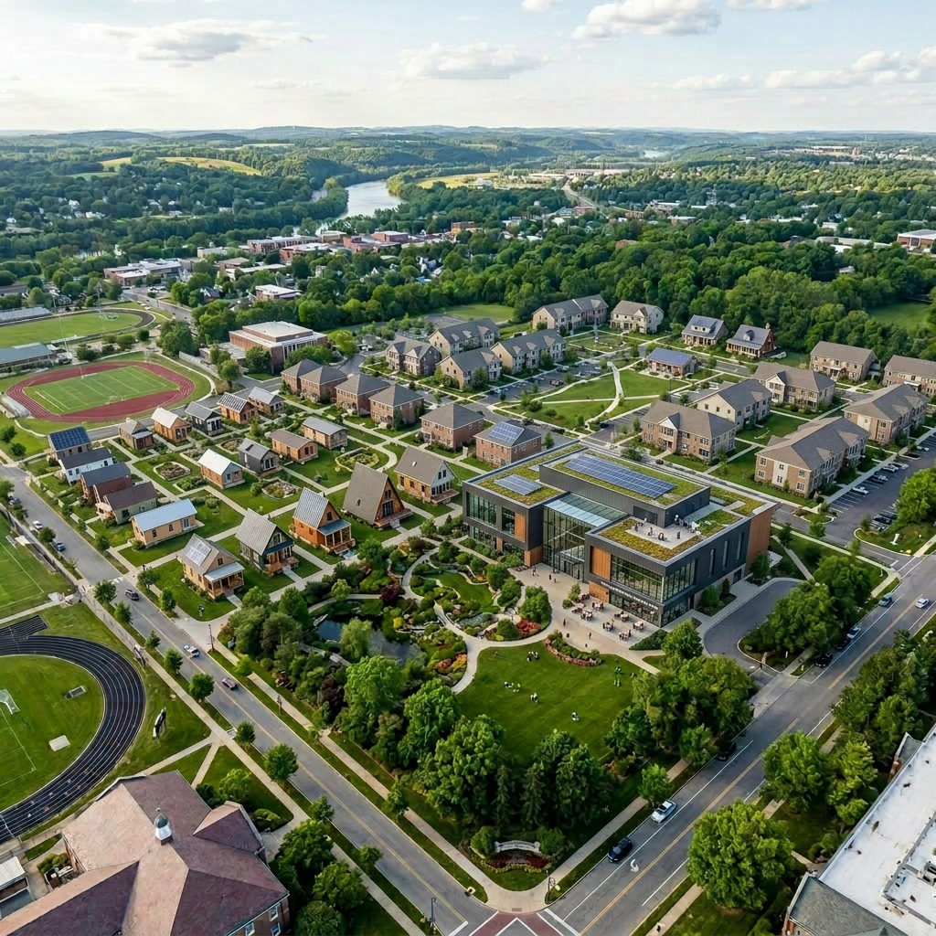 University campus showing St. Michael's Chapel, apartments, and student housing buildings
