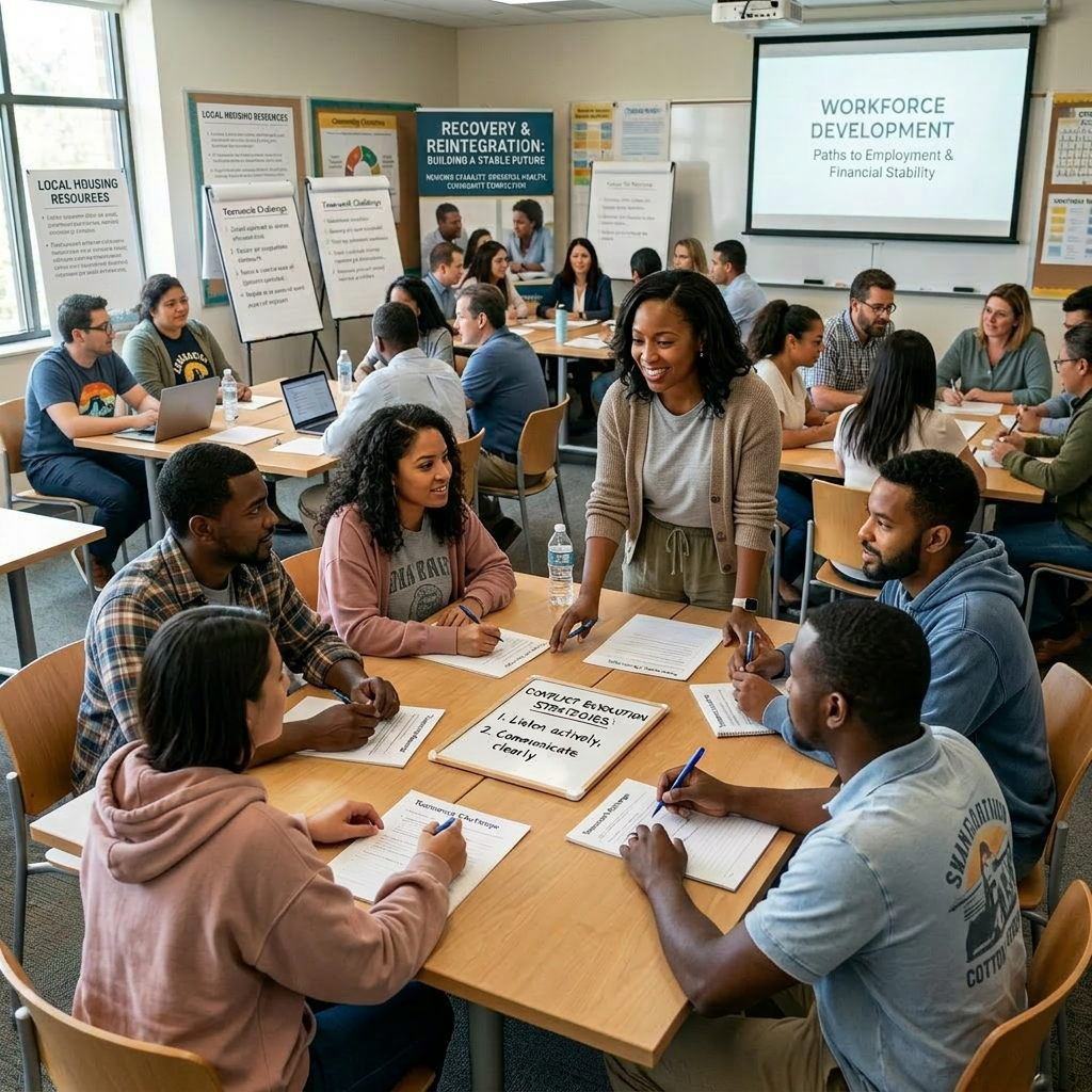 Groups of adults participating in a workforce development and life skills training session