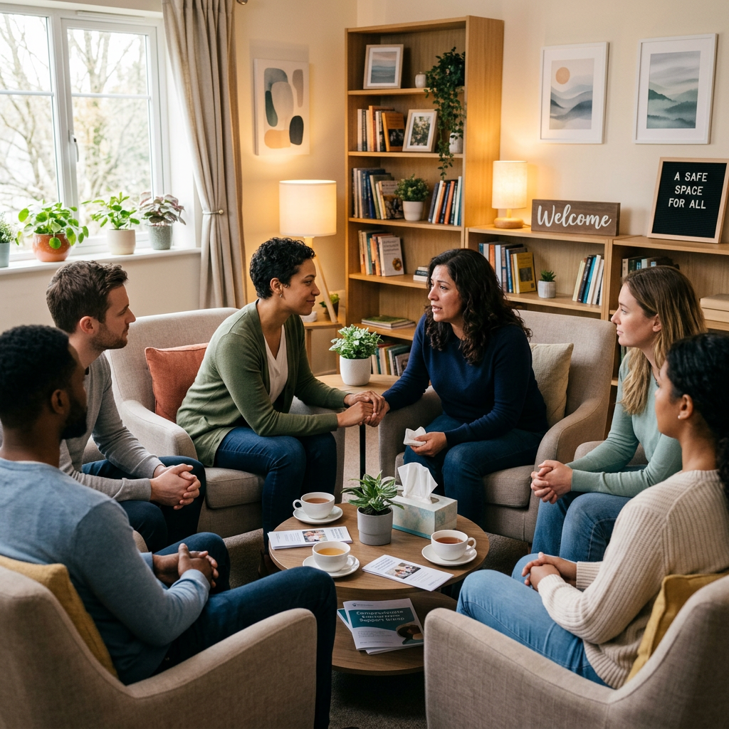 Six people sitting in a circle in a warm room, one woman comforting another
