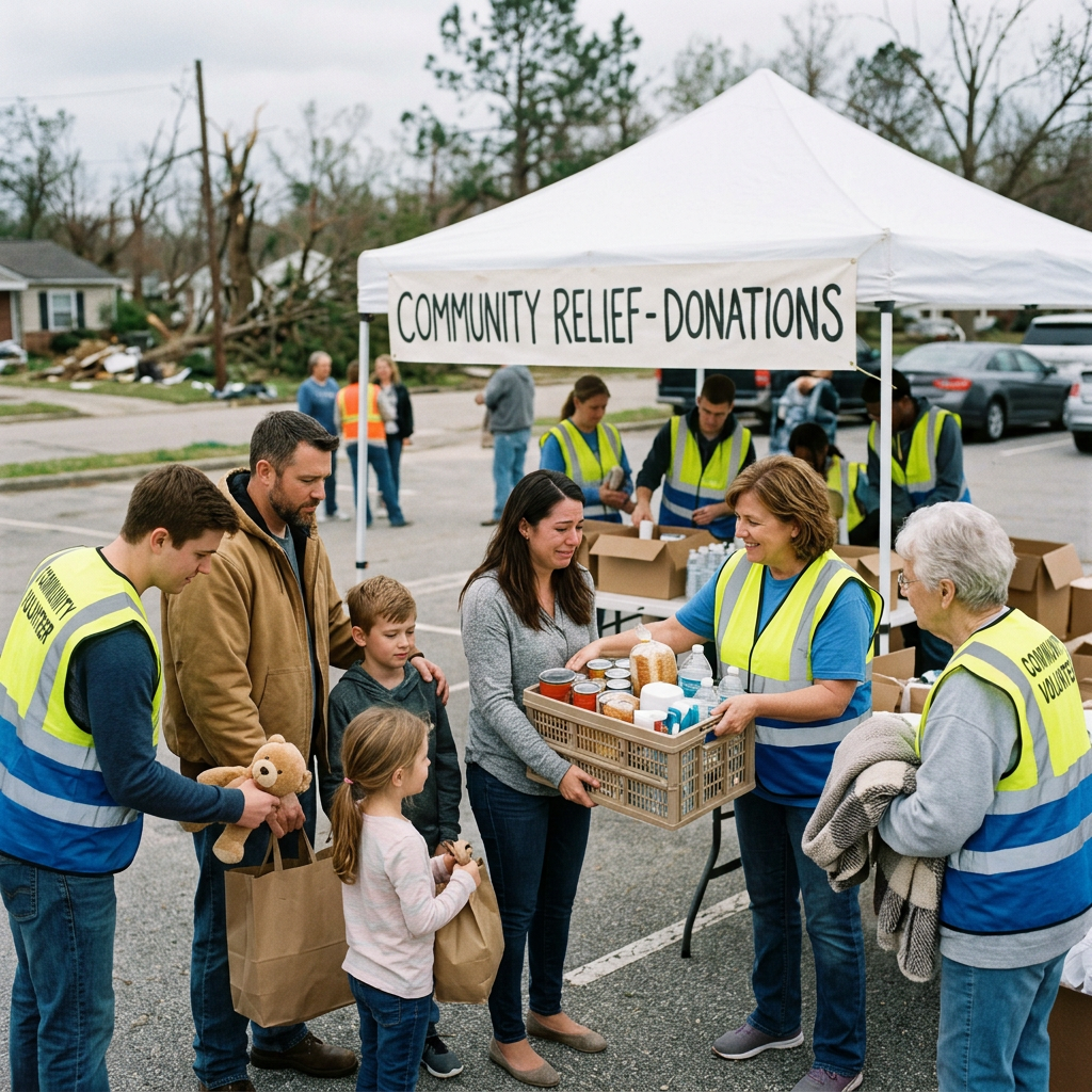 Volunteers handing food and supplies to a family under community relief donations tent